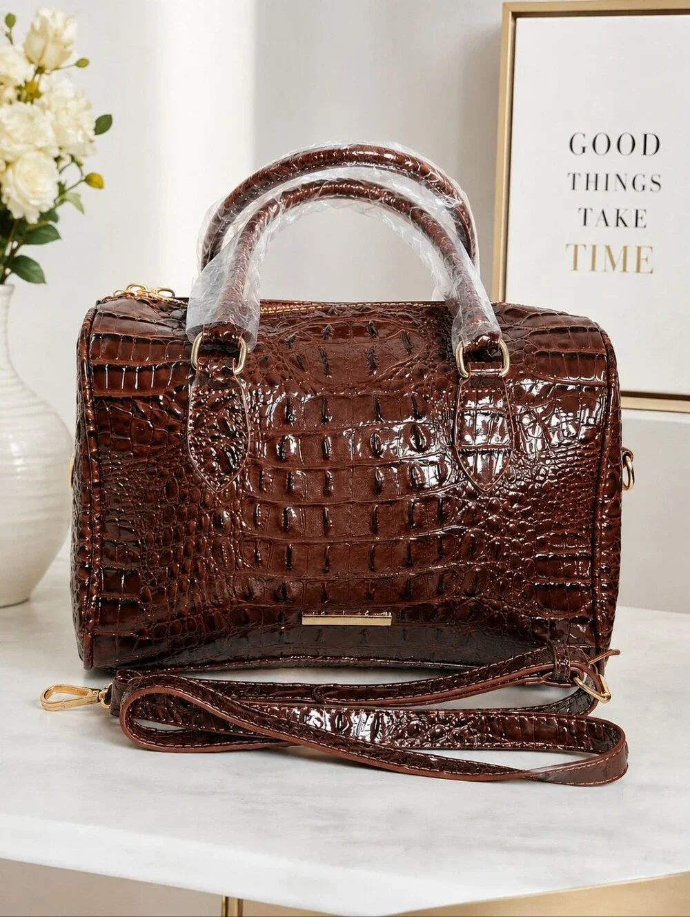 Brown Croc-Embossed Structured Satchel - Women Bags